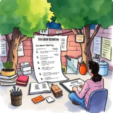 A person sitting at a desk, summarizing incident reports in an outdoor setting.
