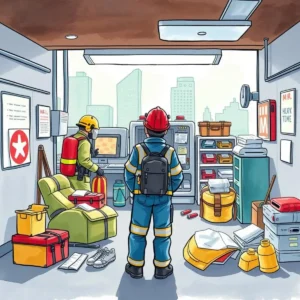 Emergency equipment maintenance reminder: Schedule regular checks for emergency gear 9 Professionals reviewing emergency equipment in a safety office environment.