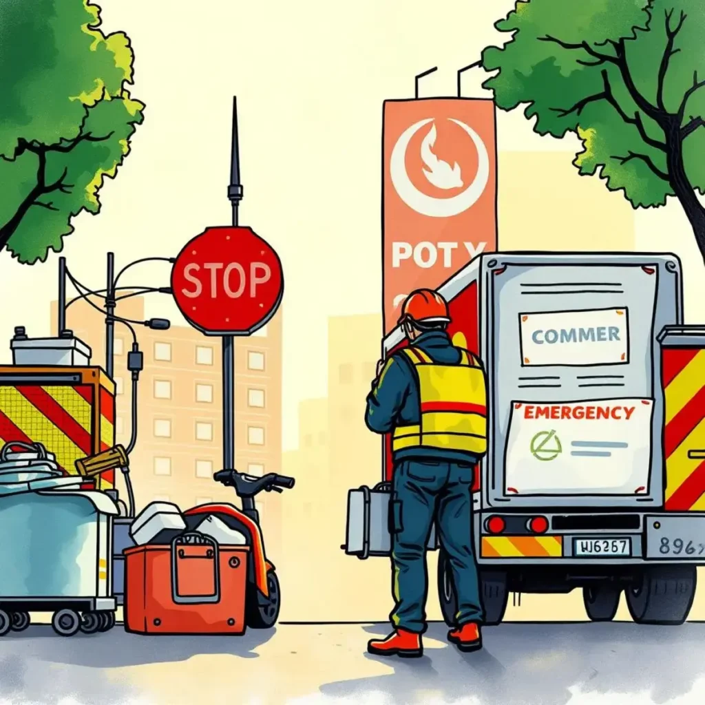 Emergency management personnel preparing for crisis communication in urban setting.