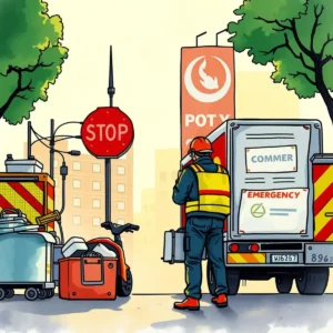 Emergency notification builder: Generate notifications for emergency situations 2 Emergency management personnel preparing for crisis communication in urban setting.