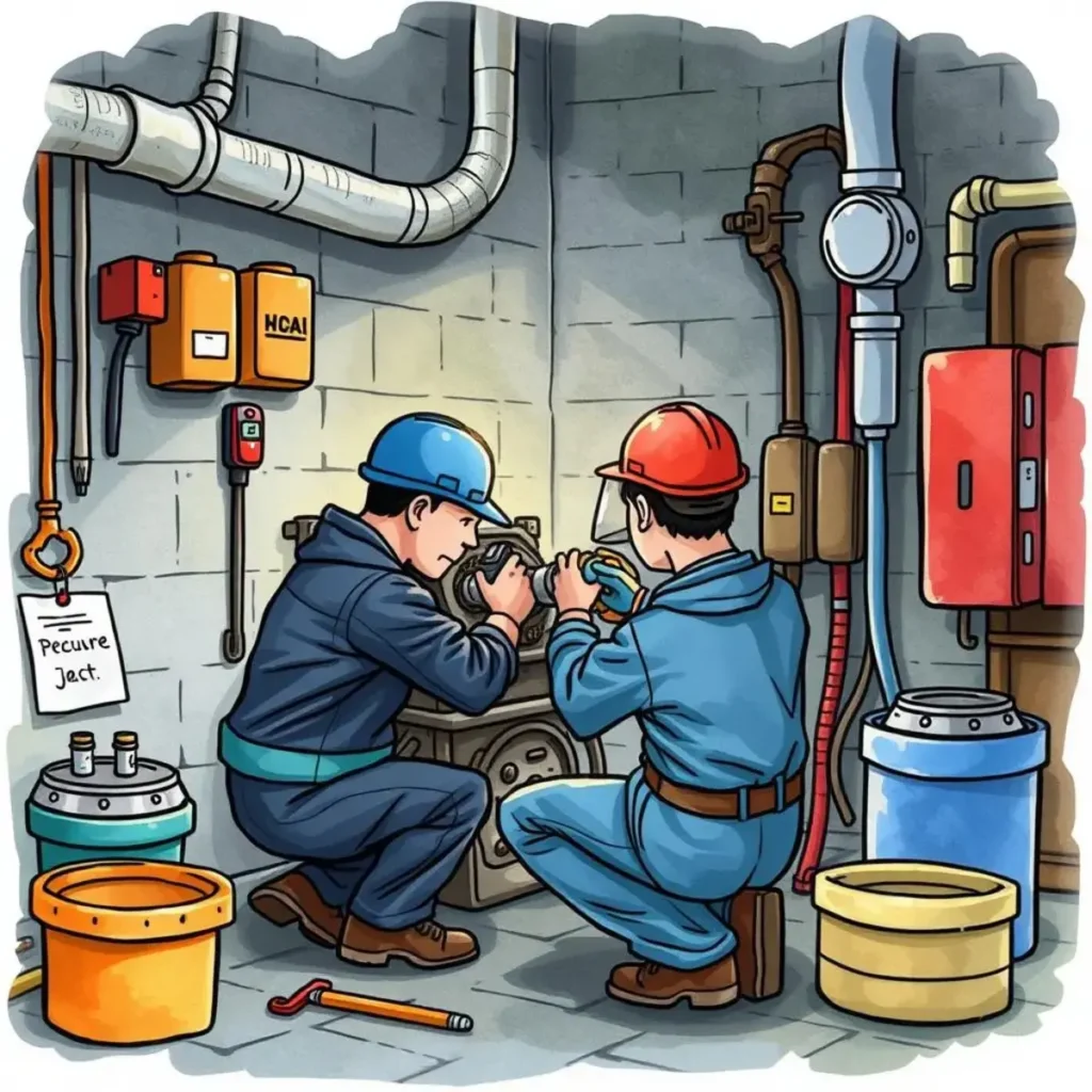 Emergency repair brief: Summarize urgent repair situations for quick action 1 Technicians performing urgent repairs in a facility maintenance setting.