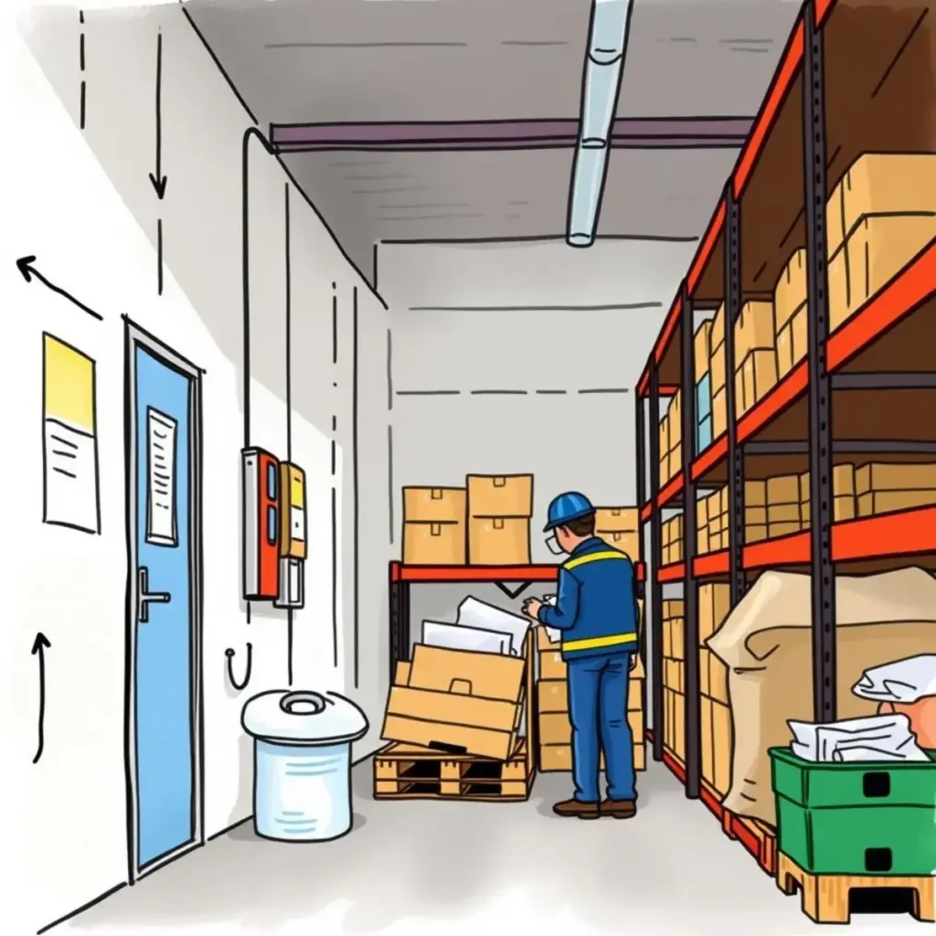 Emergency response plan formatter: Organize emergency response plans for incidents 1 Warehouse worker organizing inventory while reviewing emergency response plans.