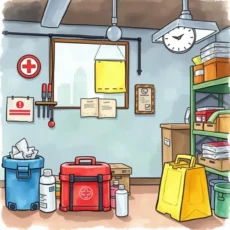 Emergency supplies storage area with first aid kits and safety equipment.