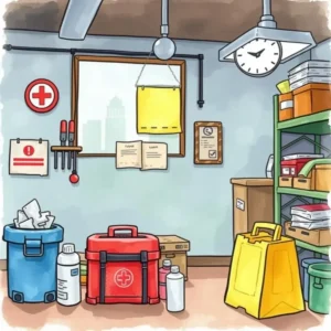 Emergency supplies availability checker: Verify stock levels of emergency items 8 Emergency supplies storage area with first aid kits and safety equipment.
