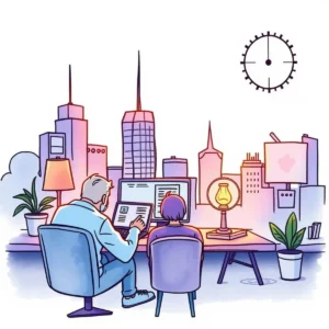 Two analysts reviewing social media metrics with city skyline backdrop.