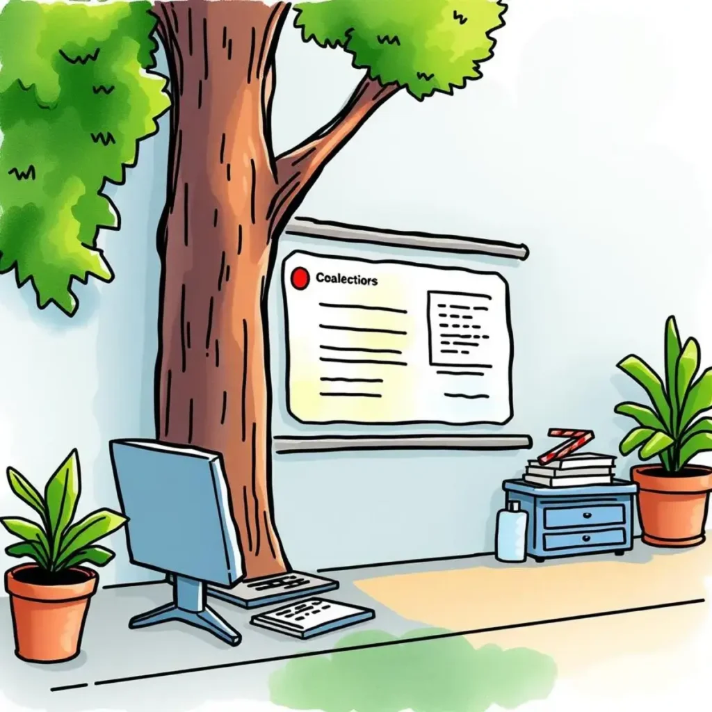 Employee communication enhancer: Improve messages related to payroll and benefits 1 A workspace with a computer beside a tree and a bulletin board, illustrating effective employee communication.