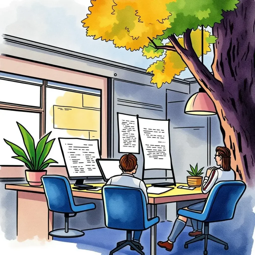 Payroll information processor: Transform text entries into standardized formats 1 Image of a modern workspace with employees collaborating on payroll tasks