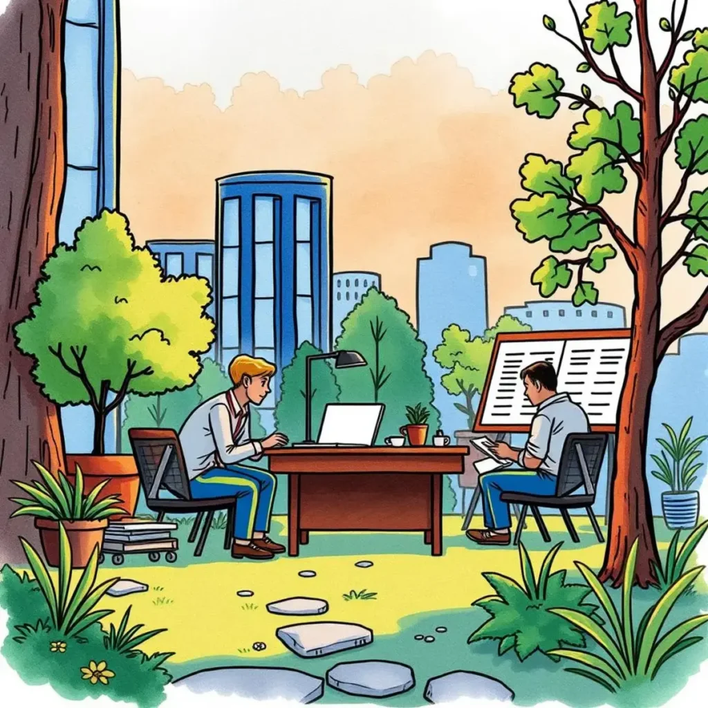 Salary benchmark analyzer: Compare salaries against industry standards 1 Two analysts working outdoors, analyzing salary data with laptops.