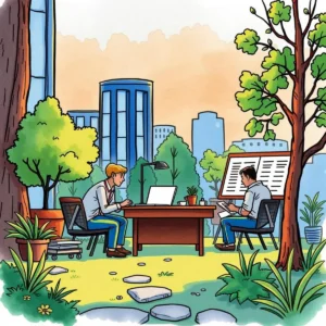 Two analysts working outdoors, analyzing salary data with laptops.