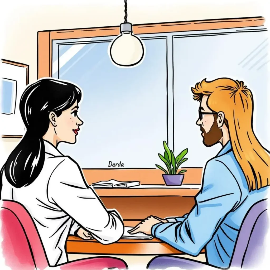 Employee departure summary creator: Generate summaries from exit conversations 1 Two hr professionals discussing employee exit summaries in an office.