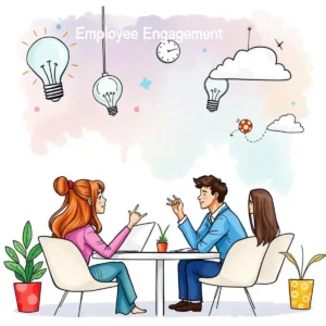 A group of three employees brainstorm innovative collaboration ideas, enhancing engagement.