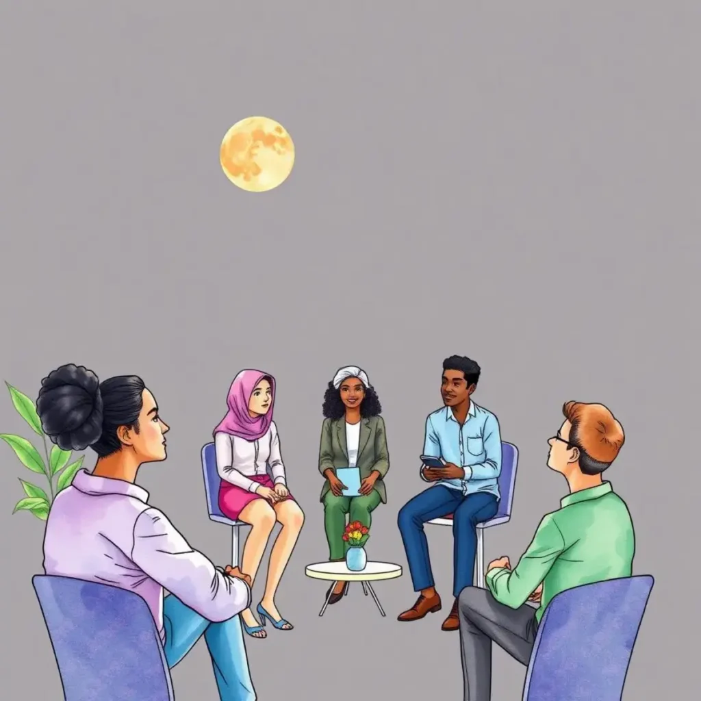 Diversity insights communicator: Share diversity insights across teams effectively 1 A diverse group of professionals discussing insights in a collaborative setting under the moonlight.