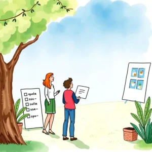 Two professionals discussing an employee wellness checklist outdoors.