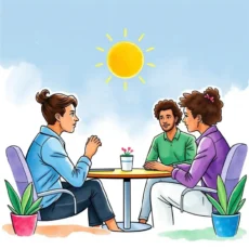 Three professionals collaborating on project summaries under a sunny sky.