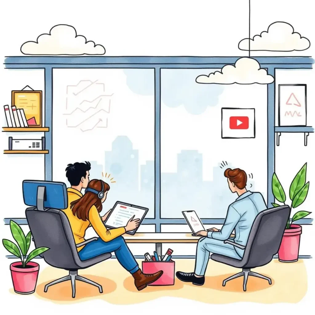 Remote work strategies generator: Develop effective strategies for remote employee engagement 1 Remote workers collaborating in a bright office space with laptops and engaging tools.
