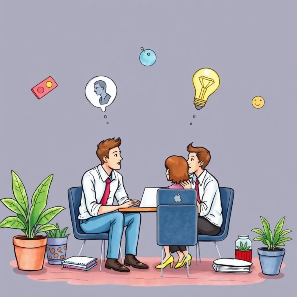 Stress relief suggestions generator: Offer tailored stress relief ideas for employees 1 A group brainstorming stress relief suggestions with laptops and ideas floating above them