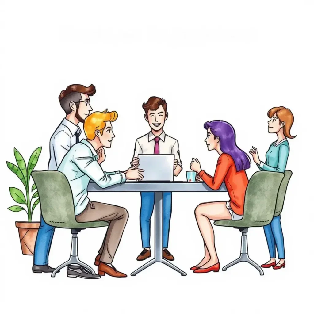Team morale boost ideas: Suggest activities to enhance team morale and bonding 1 Team members collaborating around a table, sharing ideas for boosting morale and engagement.