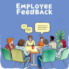 Employee feedback meeting with diverse team discussing insights and ideas in a collaborative setting