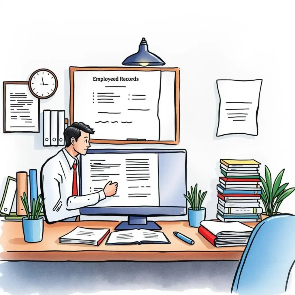 Professional reviewing employee records on a desktop for audit preparation.