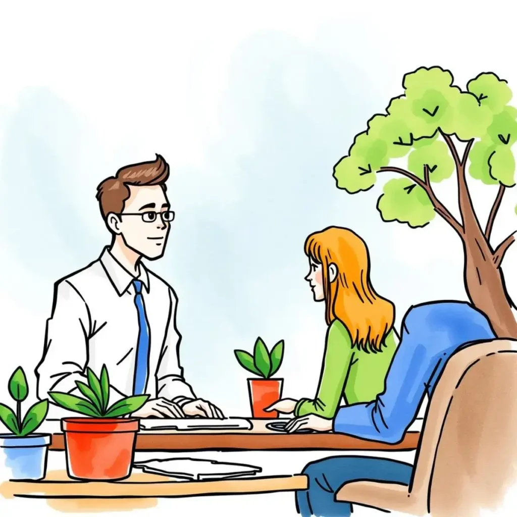 Employee satisfaction reporter: Generate reports on employee satisfaction trends 1 HR professionals discussing employee satisfaction trends with reports.
