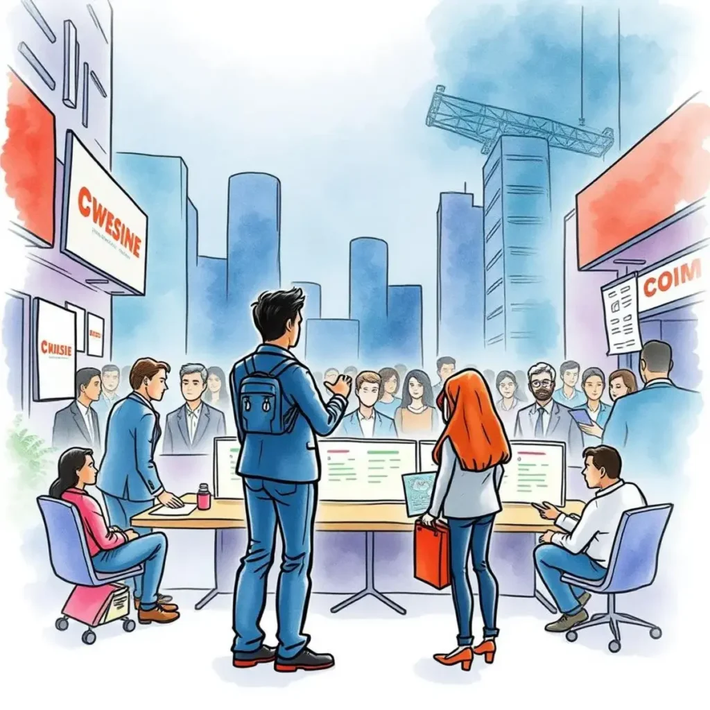 Employee sentiment analyzer: Summarize internal feedback and concerns 1 A diverse team collaborates on employee feedback analysis in a city setting.