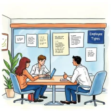 A group of HR professionals discussing employee types in a meeting room with a laptop and notes.