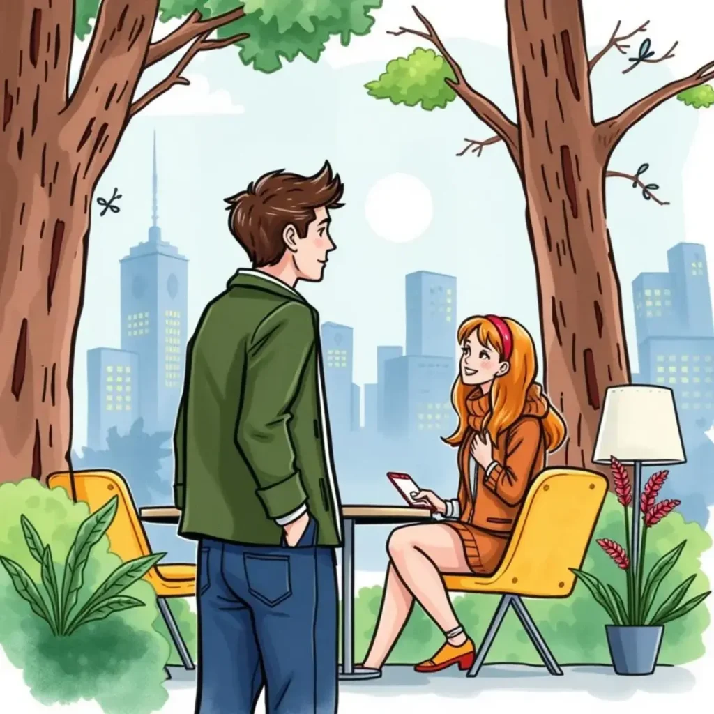 Employer branding content creator: Generate compelling descriptions for employer branding activities 1 A young man and woman converse outdoors in a vibrant urban setting, emphasizing employer branding.