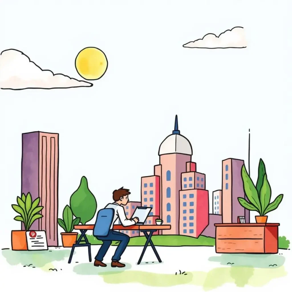 Employer engagement writer: Craft appealing messages to attract talent 1 Person writing in a bright cityscape, promoting employer branding strategies.