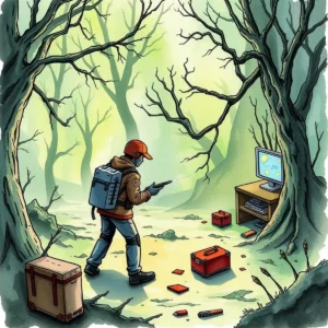 Endpoint activity pattern identifier: Identify unusual patterns in endpoint activities 2 A person in a forest analyzes an endpoint activity pattern using a computer setup.