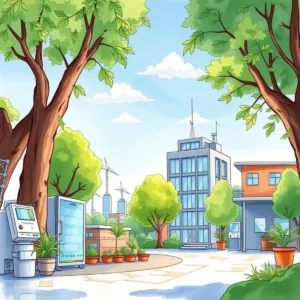 A vibrant urban landscape showcasing energy-efficient buildings and greenery.