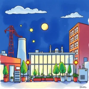 Colorful cityscape illustrating energy management and sustainability themes.