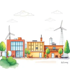Colorful illustration of sustainable buildings with wind turbines and greenery.