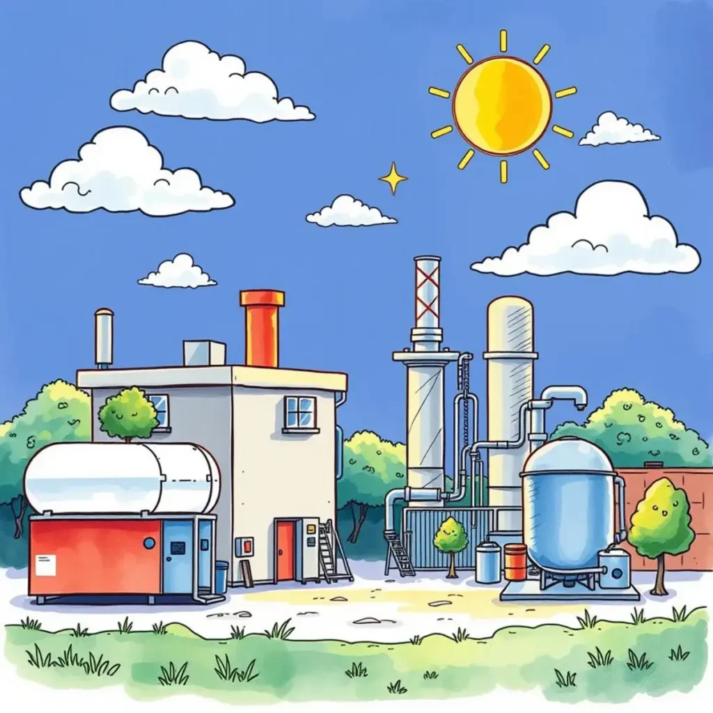Energy system performance evaluation tool: Evaluate performance and suggest improvements for energy systems 1 Colorful illustration of an energy facility under a bright sun.