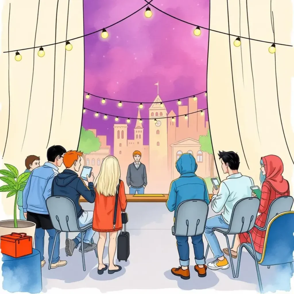 Event Promotion Copy Creator tool demonstrating a lively event planning scene with engaged attendees