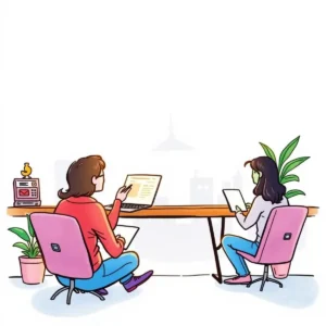 A team collaborates at a modern workspace, drafting engagement emails for customer outreach.