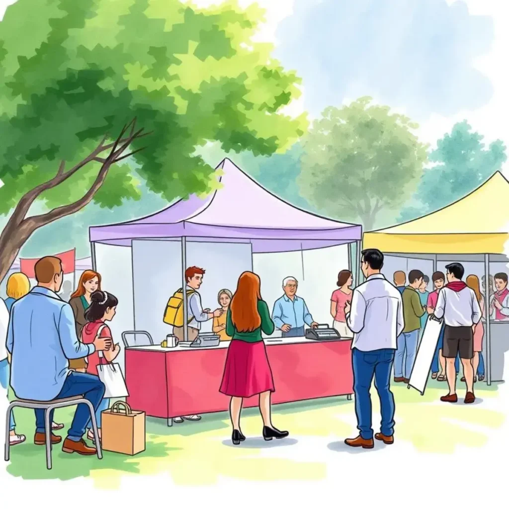 Engagement metrics evaluator: Assess event participation levels 1 A vibrant outdoor event with various booths and engaged attendees.