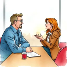Two professionals discussing partnership proposals at a meeting.