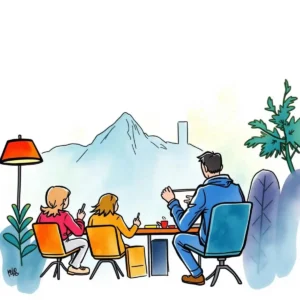 Engagement Strategy Simulator for customer service strategists brainstorm engagement tactics with a mountain view.
