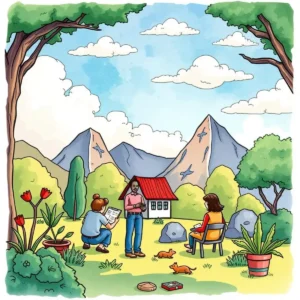 People engaged in discussion outdoors, surrounded by nature and mountains.