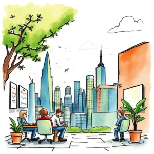 Professionals analyze trends with a city skyline backdrop, enhancing investor communication.