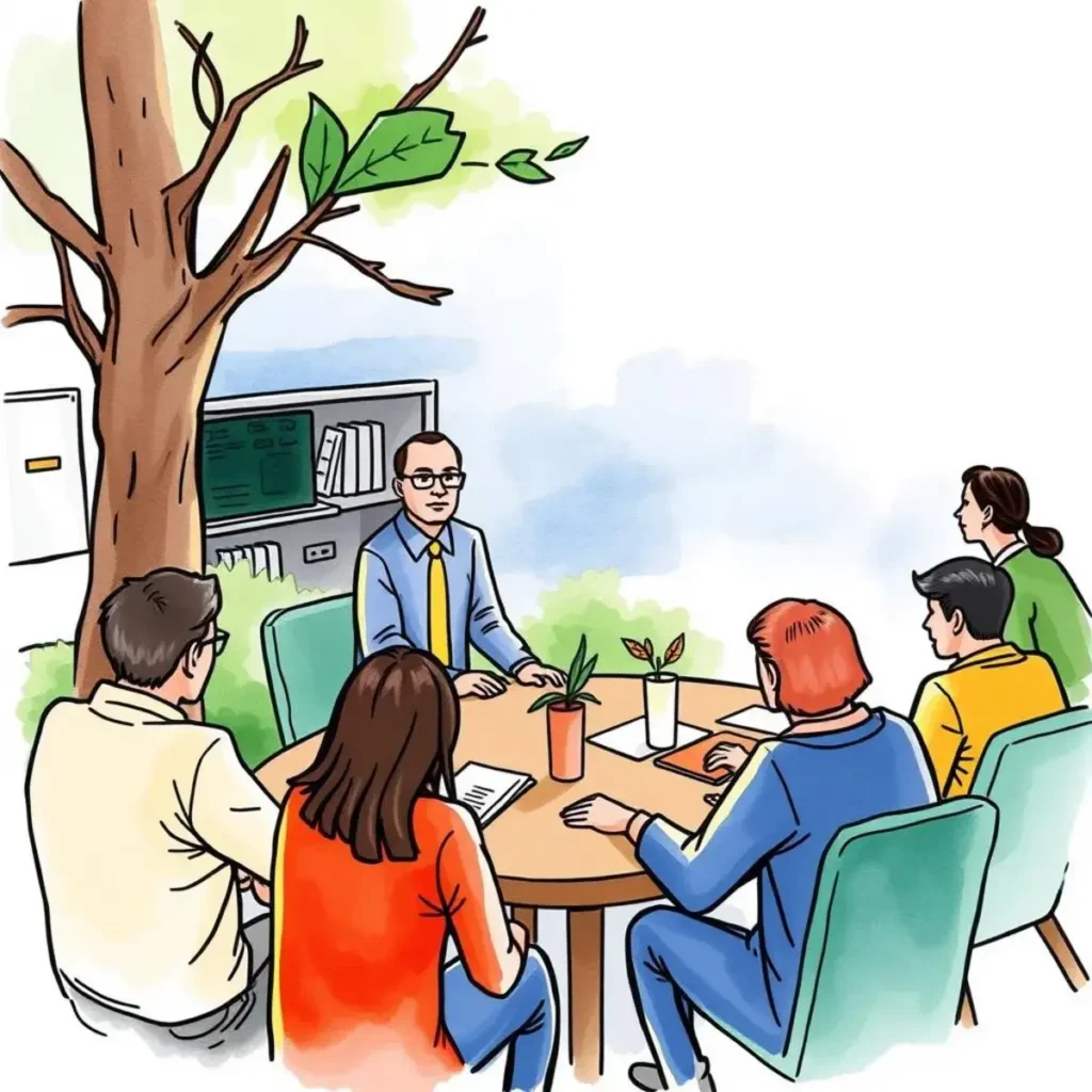 Engagement value estimator: Estimate stakeholder engagement contributions 1 Team discussing stakeholder engagement strategies around a table.