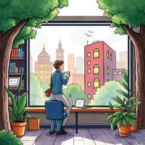 Content creator observing a cityscape while engaging with digital content creation tools.