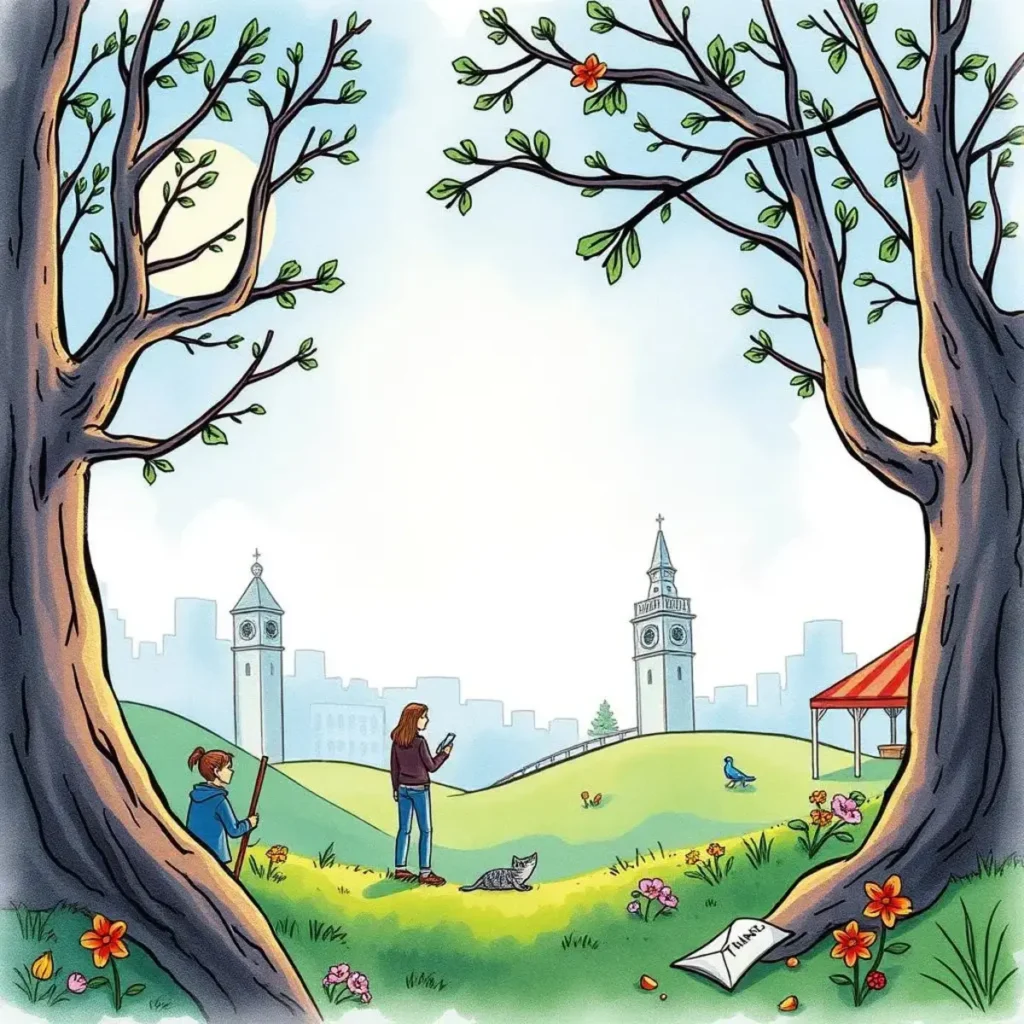 Influencer engagement text builder: Generate engaging messages for influencers 1 A serene park scene featuring people interacting with nature and technology, embodying influencer engagement activities.