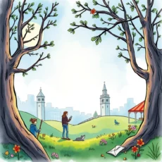 A serene park scene featuring people interacting with nature and technology, embodying influencer engagement activities.