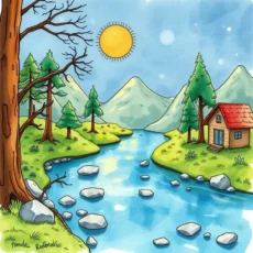 A serene landscape depicting mountains, a river, and a cozy cottage.