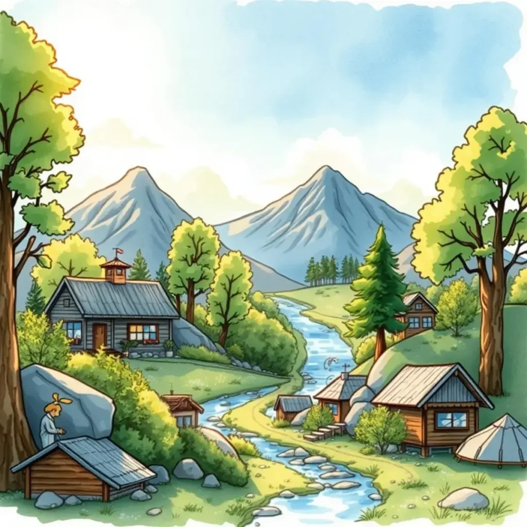 Sustainability report writer: Create textual insights for sustainability evaluations 1 A serene landscape featuring cabins by a river, symbolizing sustainability and nature conservation