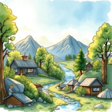 A serene landscape featuring cabins by a river, symbolizing sustainability and nature conservation
