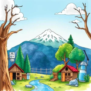 A serene landscape featuring cabins, trees, and a mountain, symbolizing environmental regulation tools