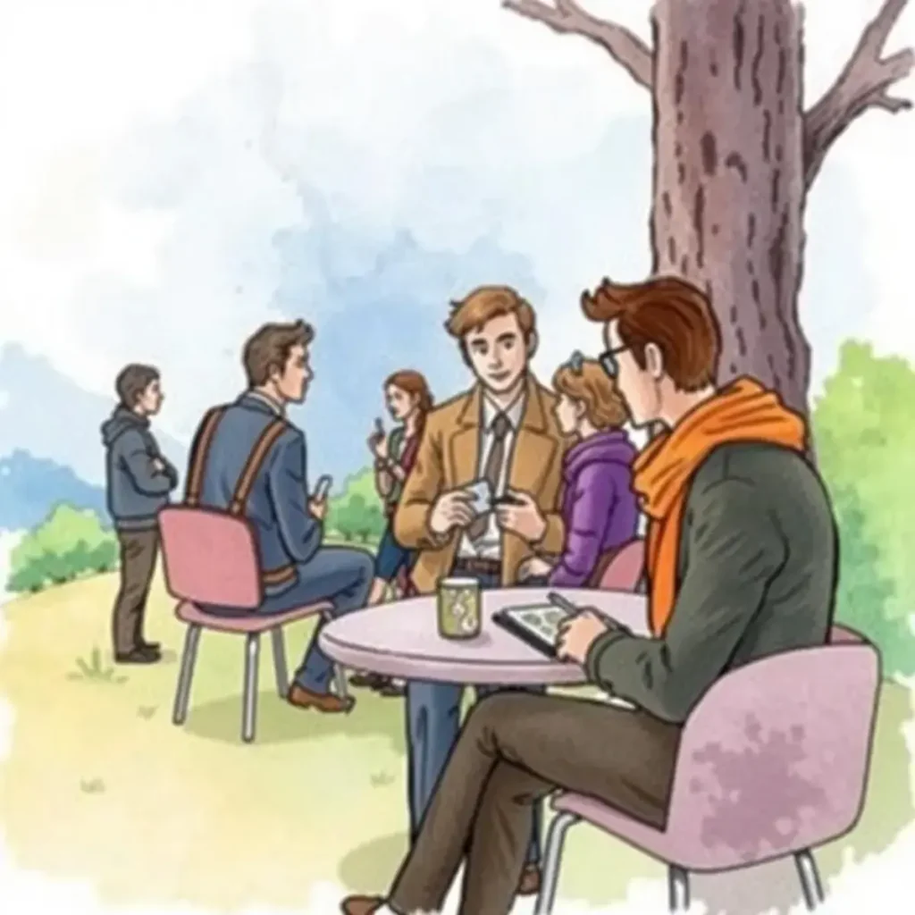 Equipment availability inquiry assistant: Formulate clear availability inquiries 1 Group of professionals discussing event logistics outdoors at a table.