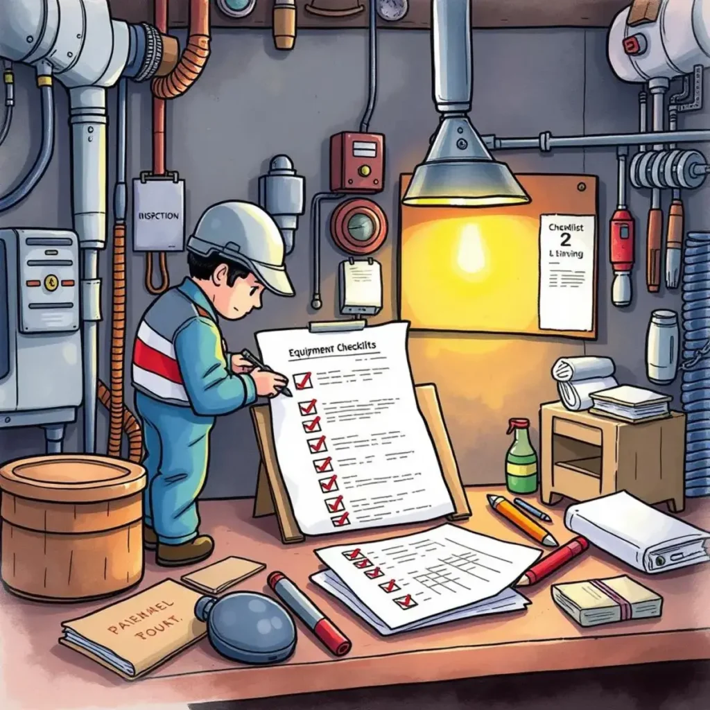 Technician reviewing equipment checklists in a workshop environment.